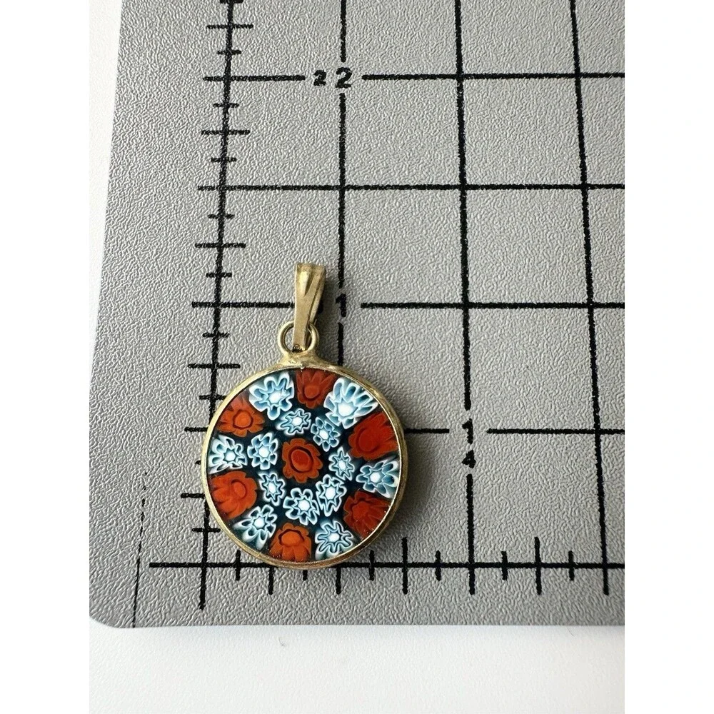Vintage Murano Glass Millefiori Pendant Blue Orange Gold Over Sterling Silver